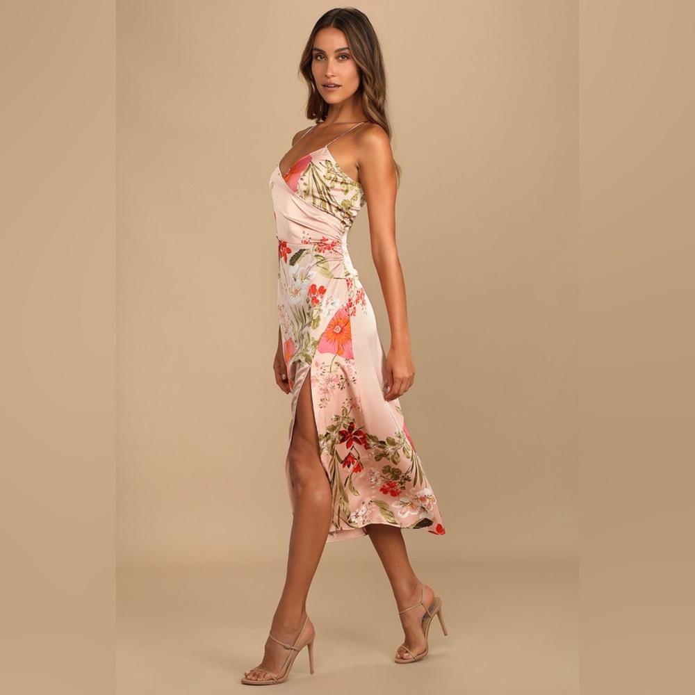 Lulu's Pink Floral Midi Dress with Coral & Green Accents